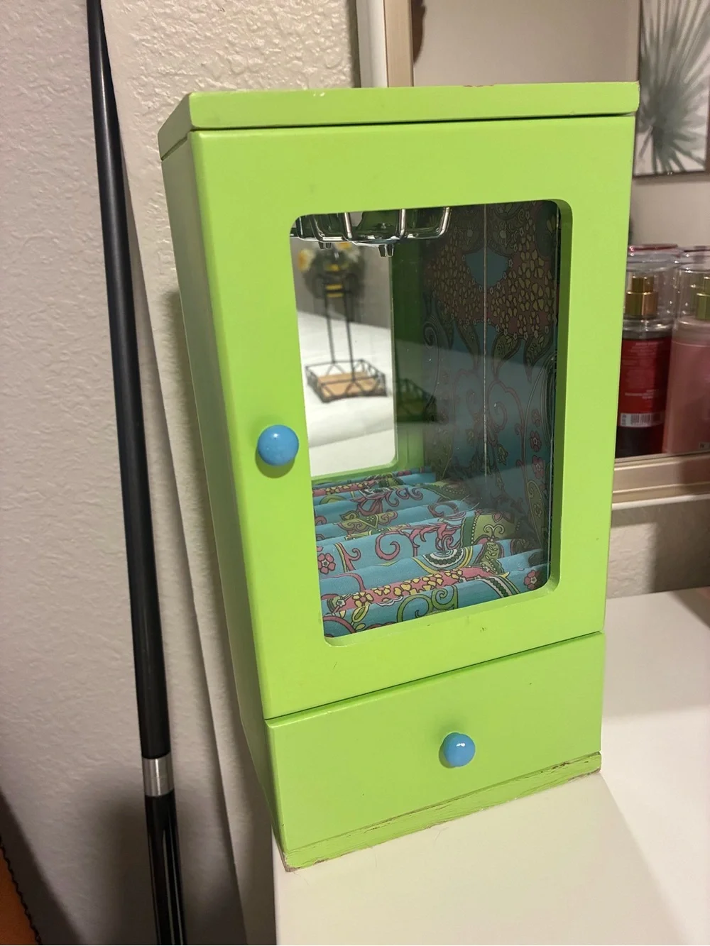 Retro Lime Green Jewelry Armoire with Drawer and Mirror
